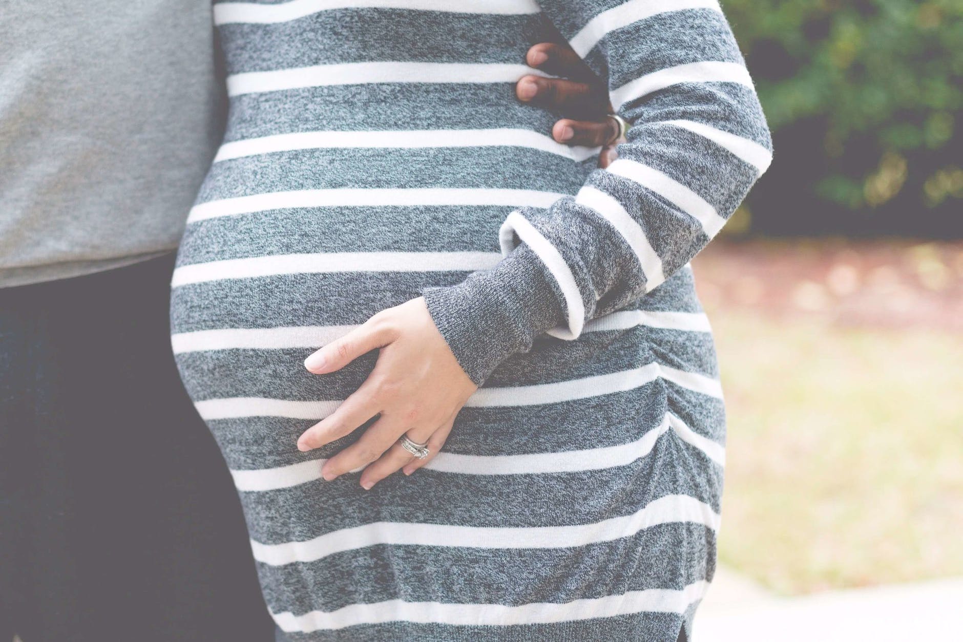 gray and white striped maternity dress